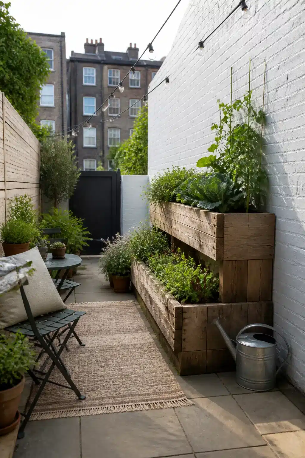 Tiered reclaimed wood raised beds lining a narrow side return — small city garden ideas for urban outdoor spaces