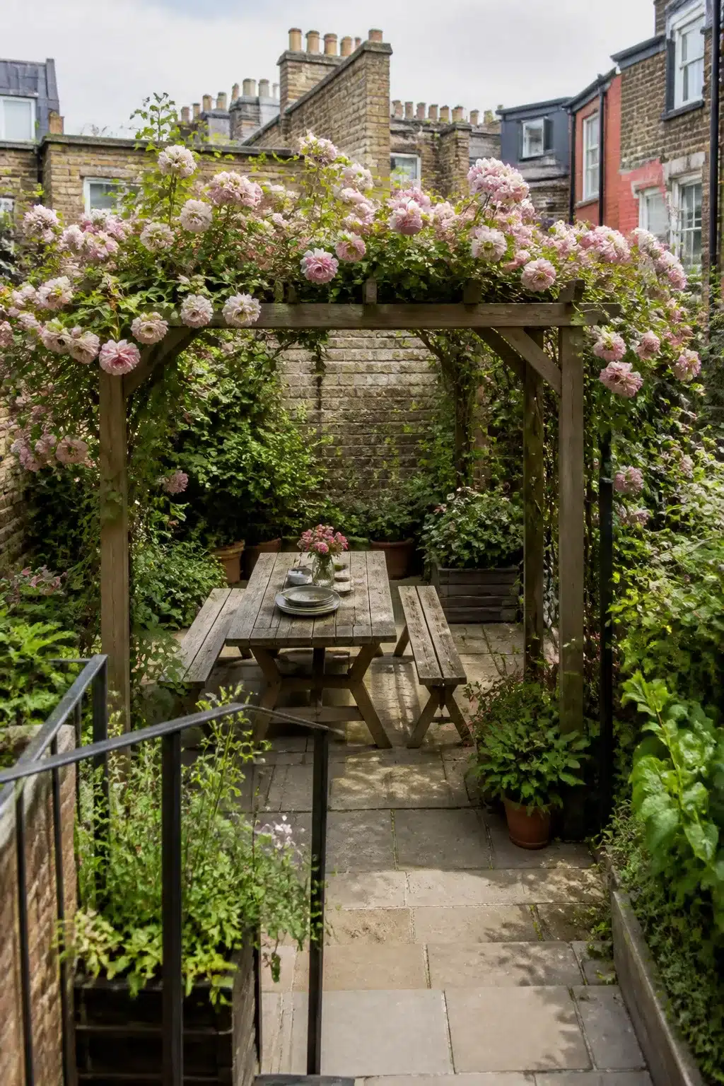 Small city garden with a weathered wood pergola covered in pink climbing roses and a rustic dining table.