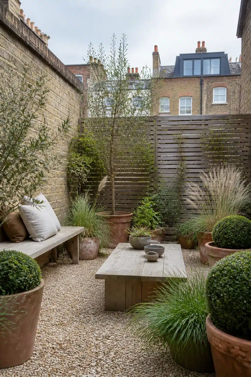 Small city garden with gravel floor, terracotta pots, clipped buxus balls, ornamental grasses and a wood bench