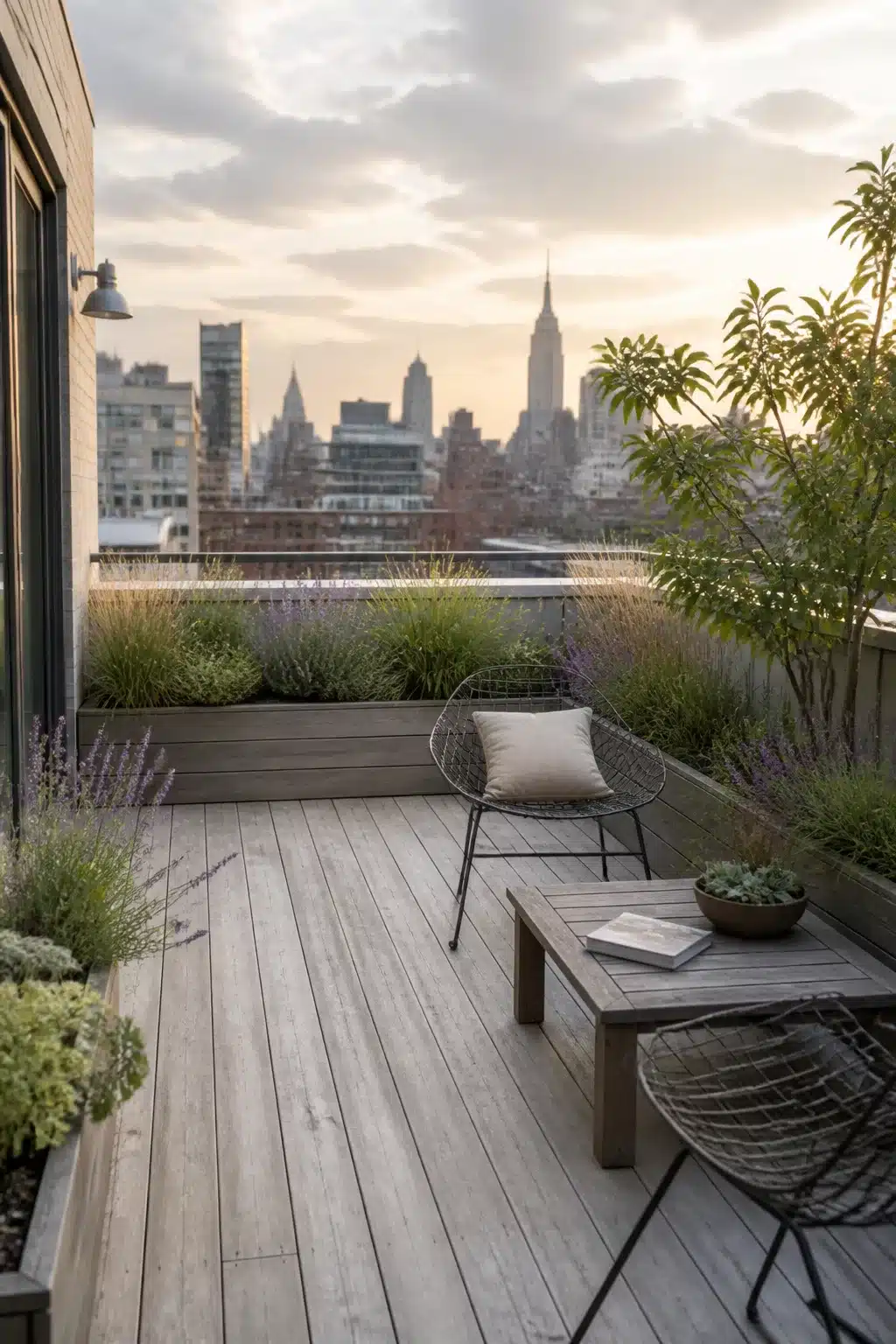 Rooftop terrace with weathered decking, wire chairs, and raised planters — small city garden with skyline views