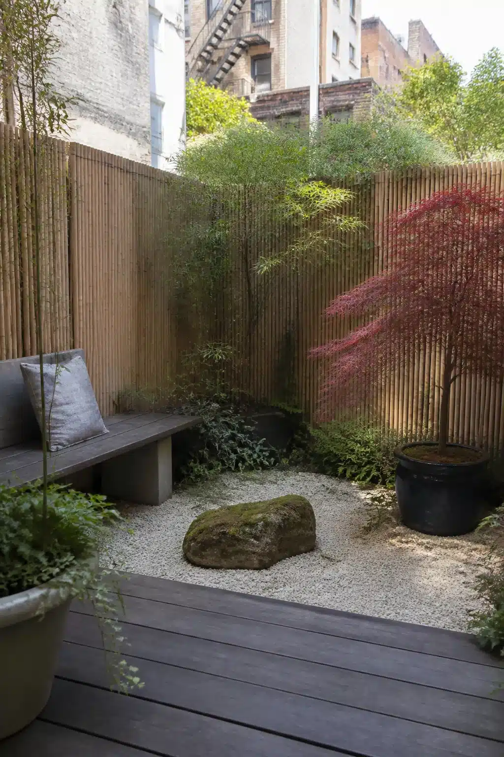 Small city garden with raked gravel, moss rock, Japanese maple, and bamboo screening in an urban courtyard