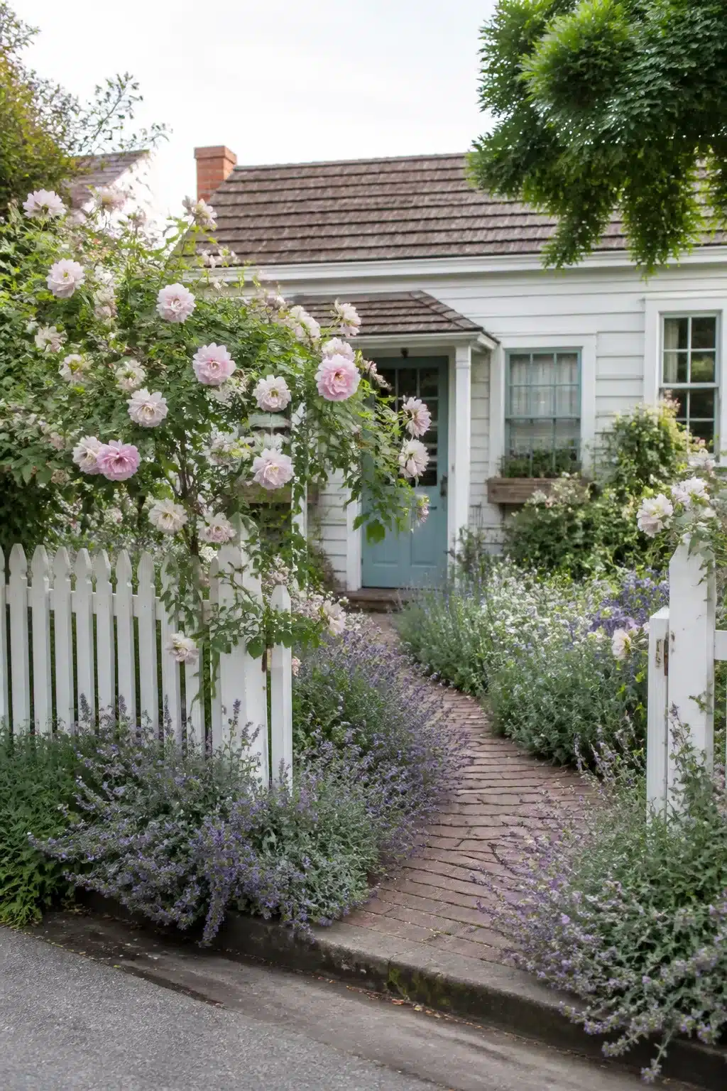 White picket fence cottage garden with lavender borders and brick path — small cottage garden front entry inspiration