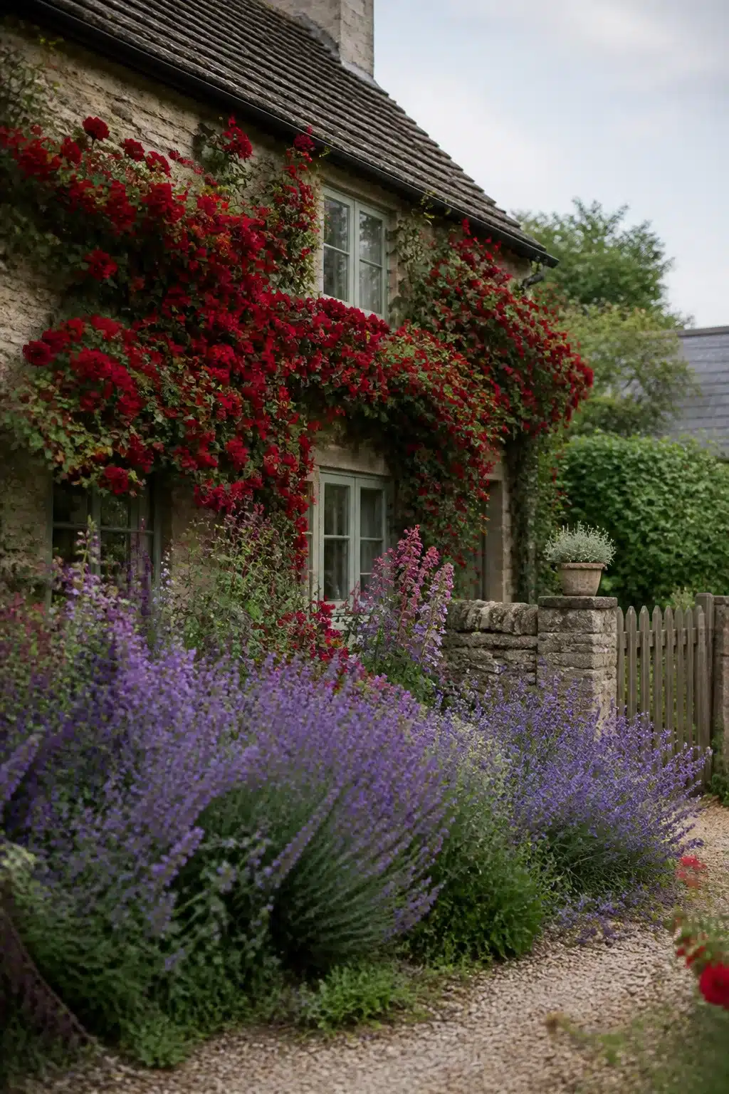 Red climbing roses covering a stone cottage wall with purple catmint border — small cottage garden inspiration