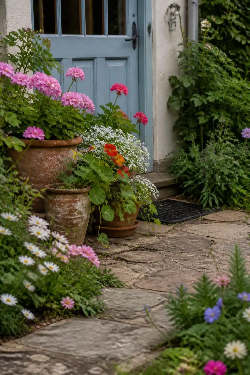 Terracotta pot cluster with geraniums and nasturtiums at a cottage garden entrance — small cottage garden ideas