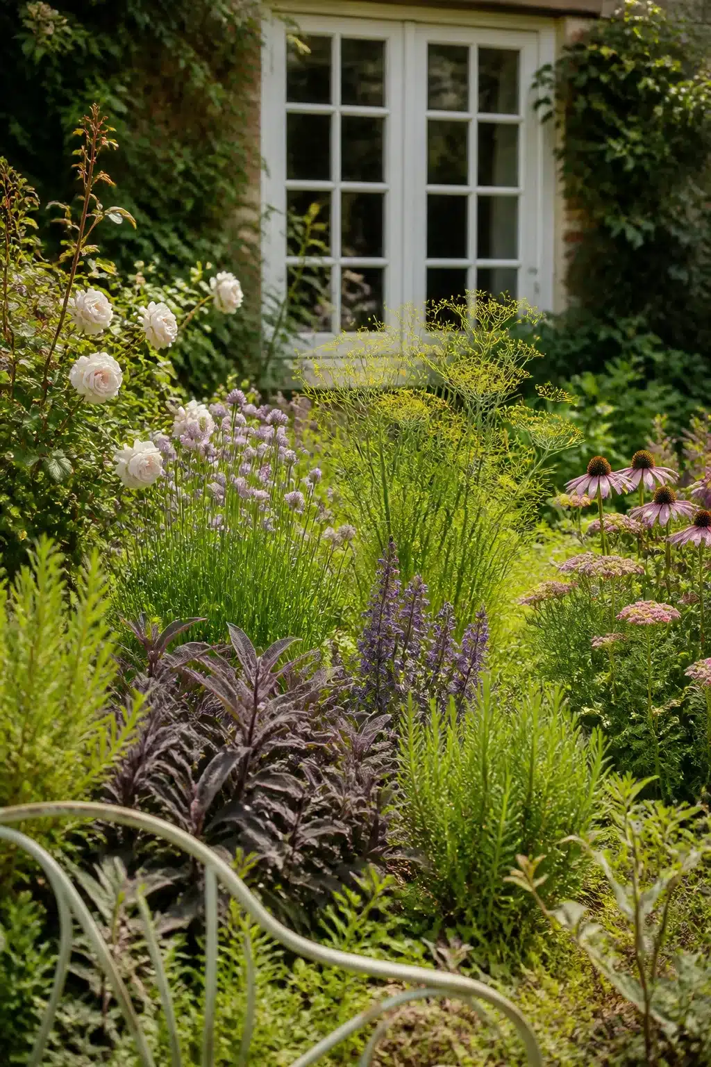 Purple salvia, echinacea and flowering herbs in a small cottage garden informal mixed border planting.