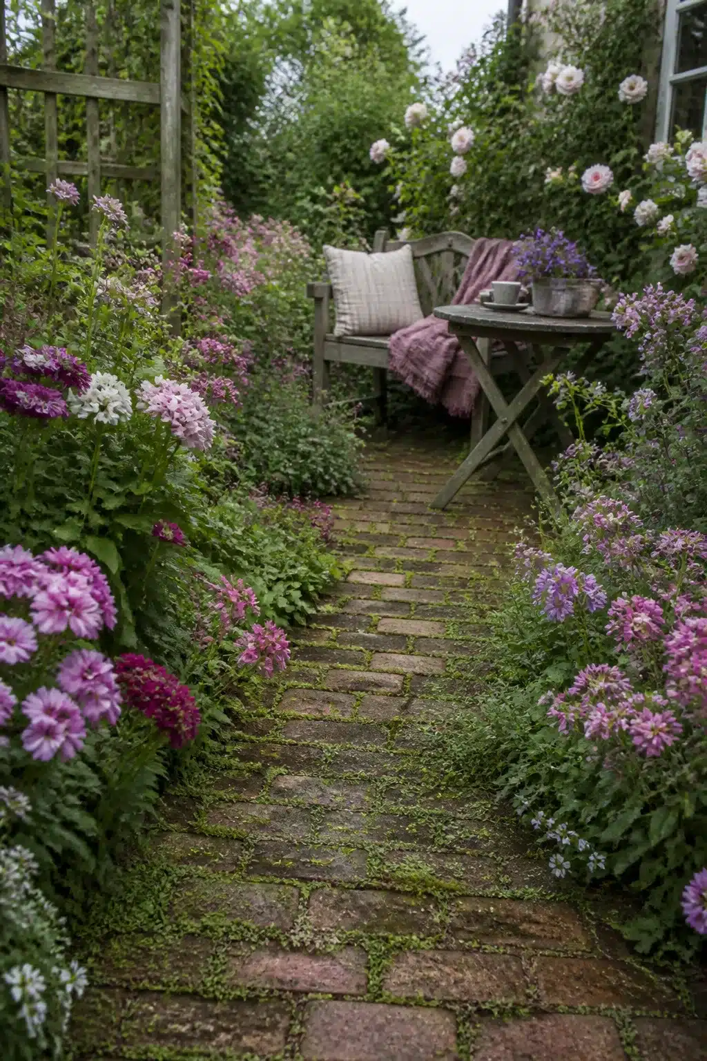 Mossy brick path lined with pink dahlias and phlox leading to a wooden bench in a small cottage garden.