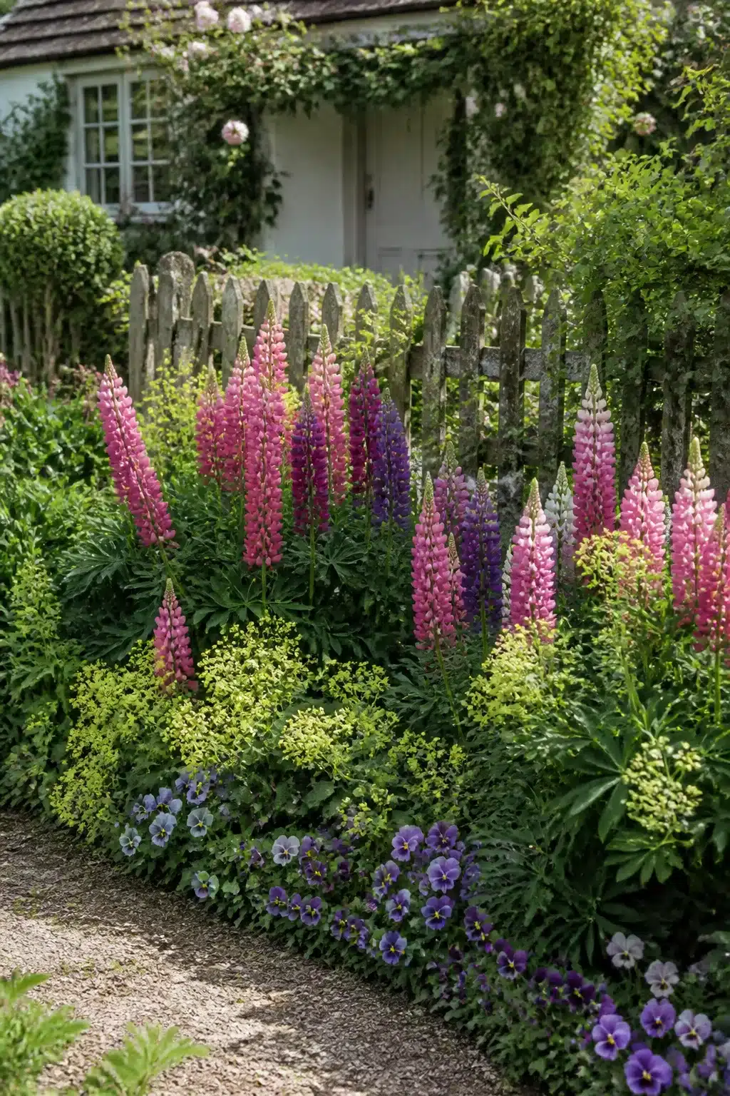 Pink and purple lupins with viola edging in a small cottage garden with weathered picket fence