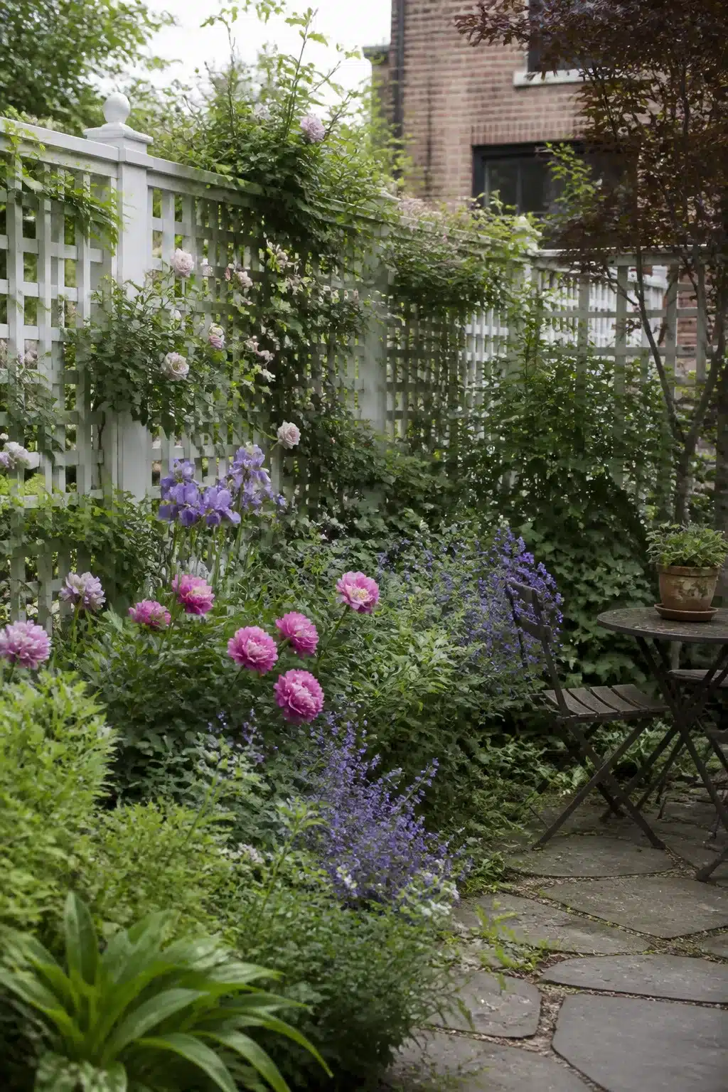 Small cottage garden with white lattice trellis, pink peonies, purple iris, and catmint spilling onto stone paving.