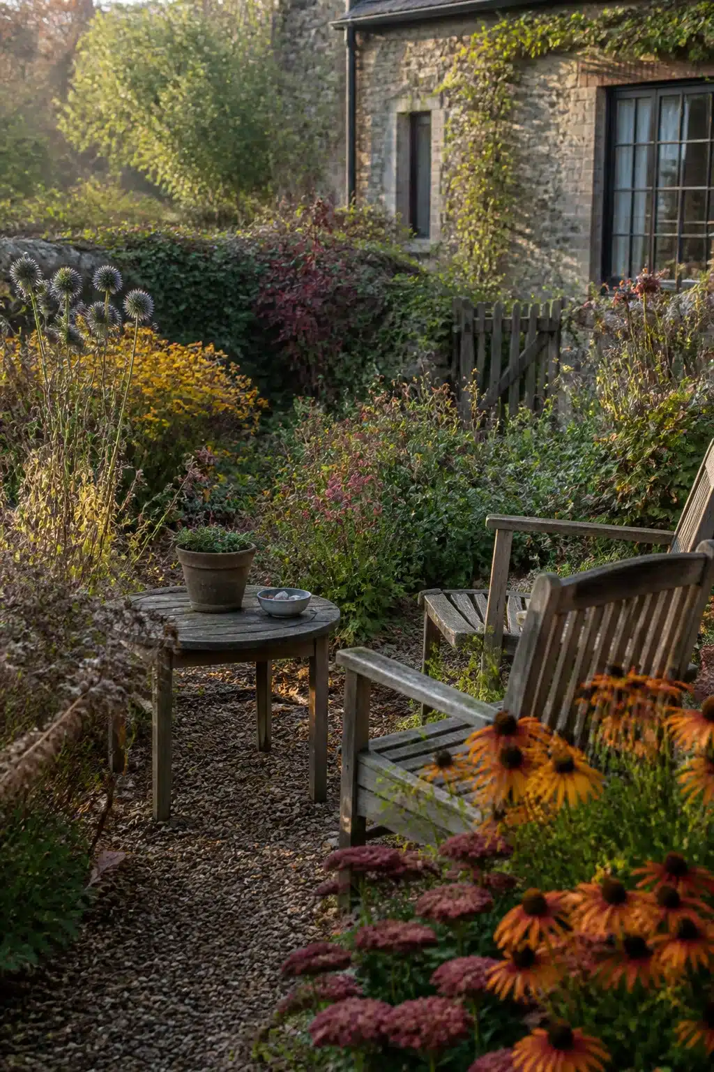 Autumn cottage border with orange echinacea and gravel seating area — small cottage garden inspiration