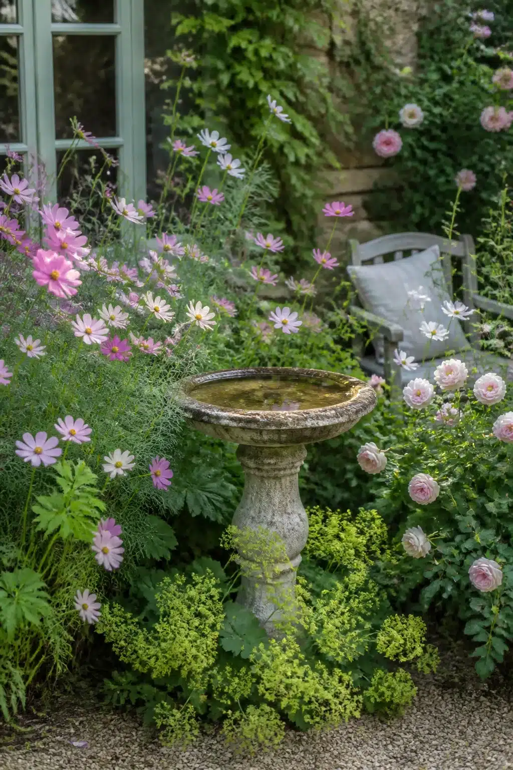 Weathered stone birdbath surrounded by pink cosmos and roses in a small cottage garden with informal planting