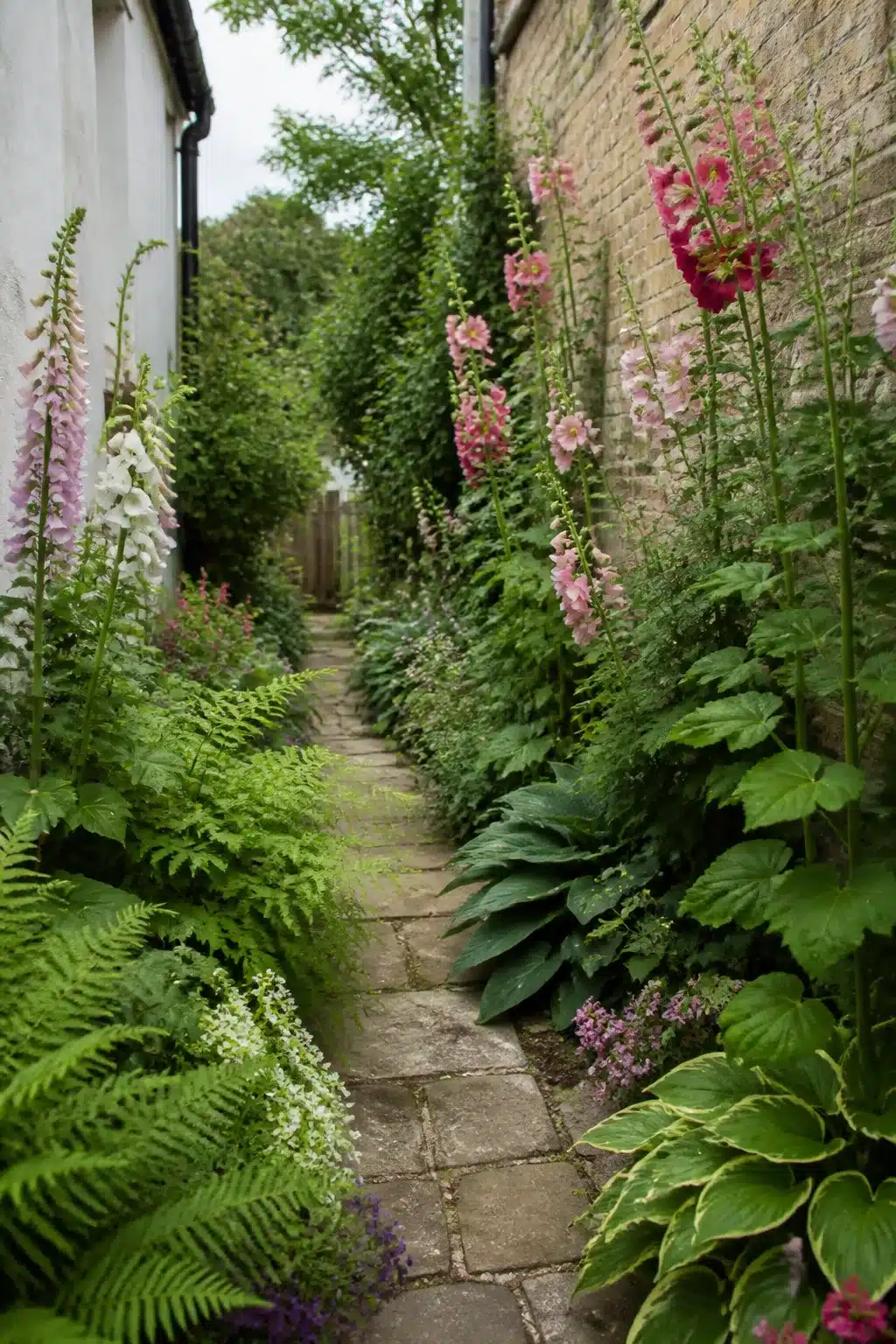 Narrow side passage small cottage garden with foxgloves, hostas, ferns and stone paver path between brick walls.