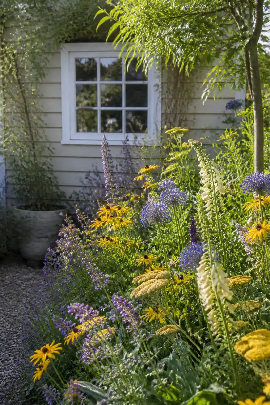 Blue allium and yellow rudbeckia in a small cottage garden informal border with gravel path and outbuilding