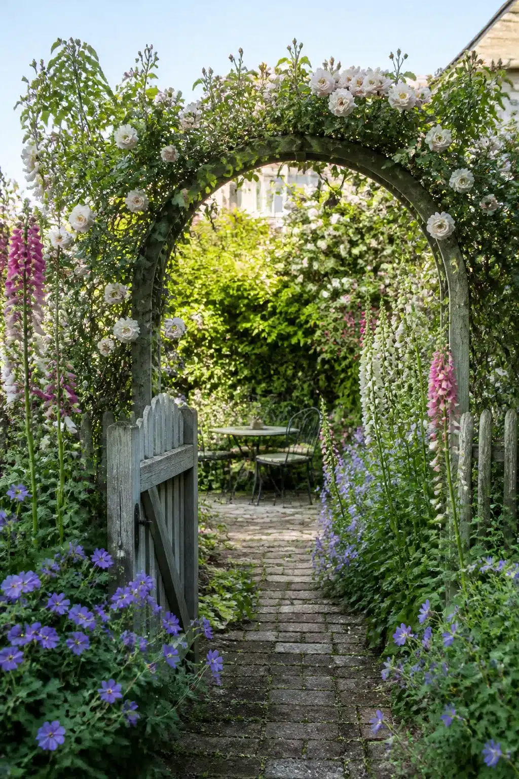 Climbing rose arch over a gray garden gate in a small cottage garden with foxgloves and a brick path