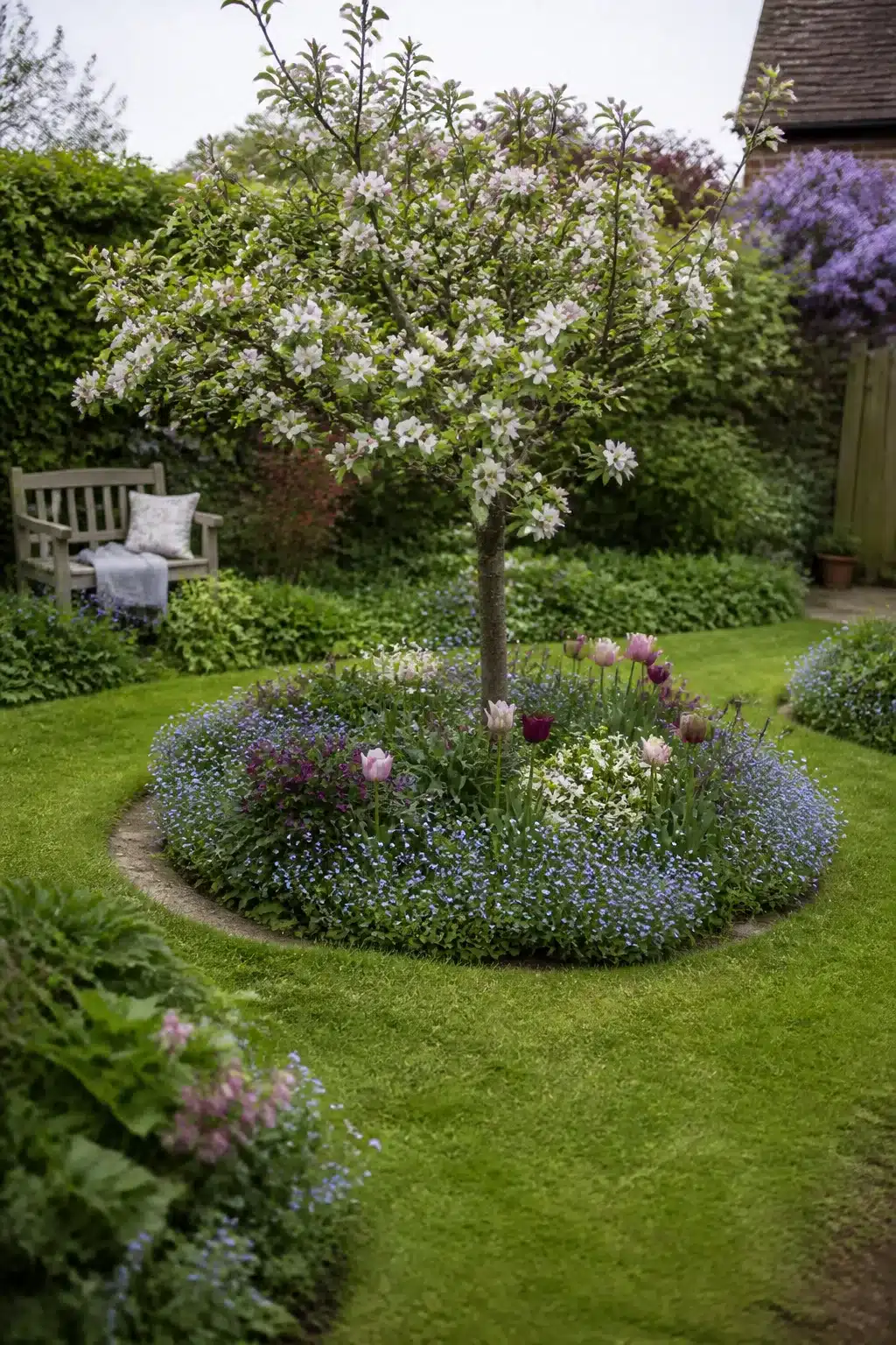 Small cottage garden with a blossoming tree centered in a circular bed of forget-me-nots and tulips