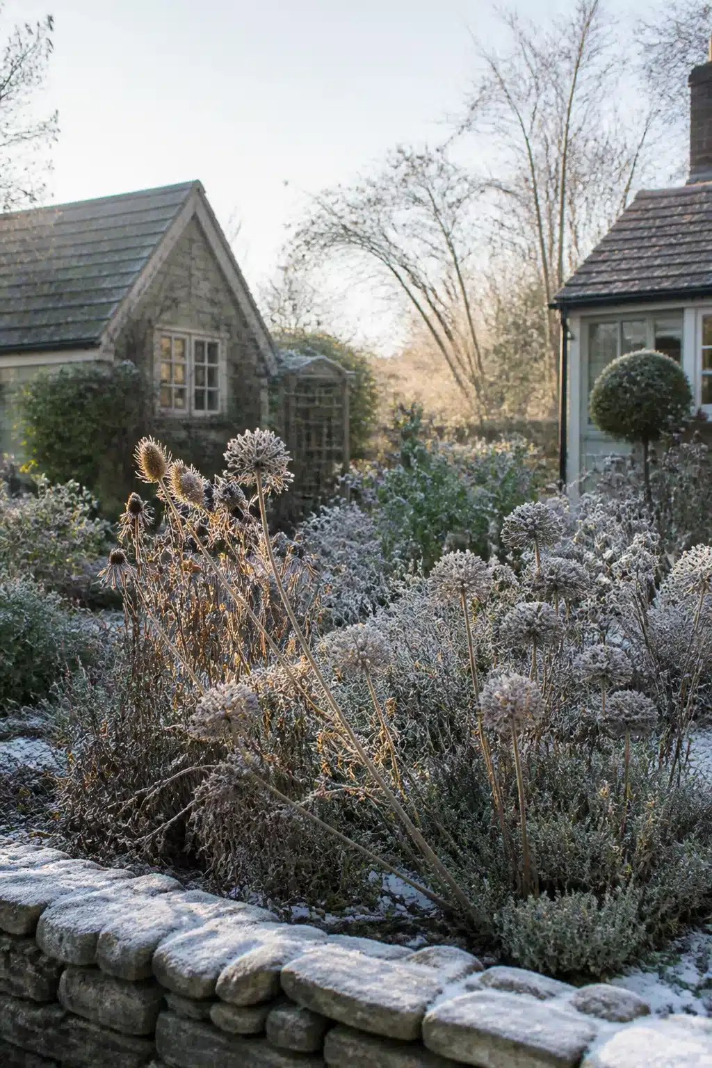 Frost-covered teasels and allium seedheads in a small cottage garden with dry stone raised bed in winter