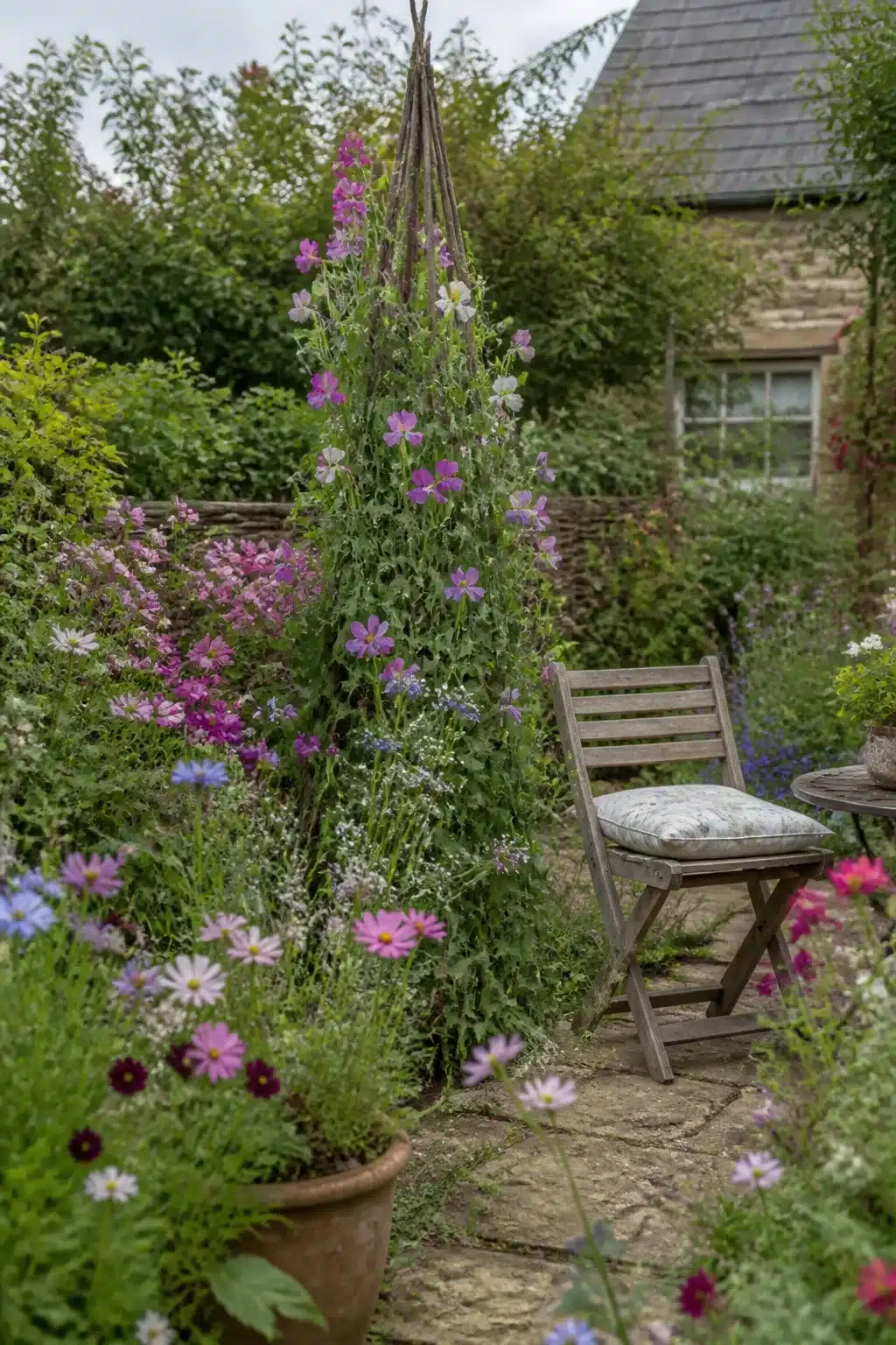 Willow obelisk with sweet peas in a small cottage garden surrounded by cosmos and informal planting.