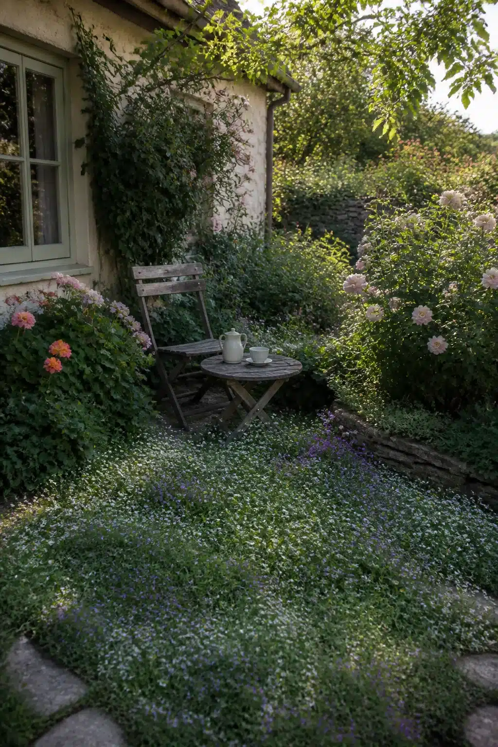 Small cottage garden with creeping wildflower lawn, folding bistro set, dahlias, and climbing plants on stone wall.