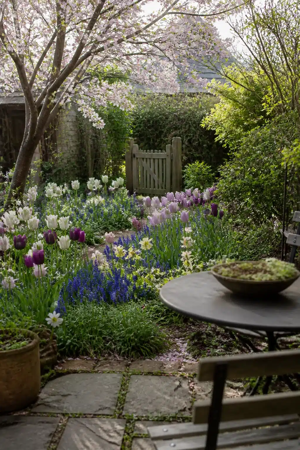 Small cottage garden with purple tulips, muscari, and cherry blossom tree framing a wooden gate in spring.