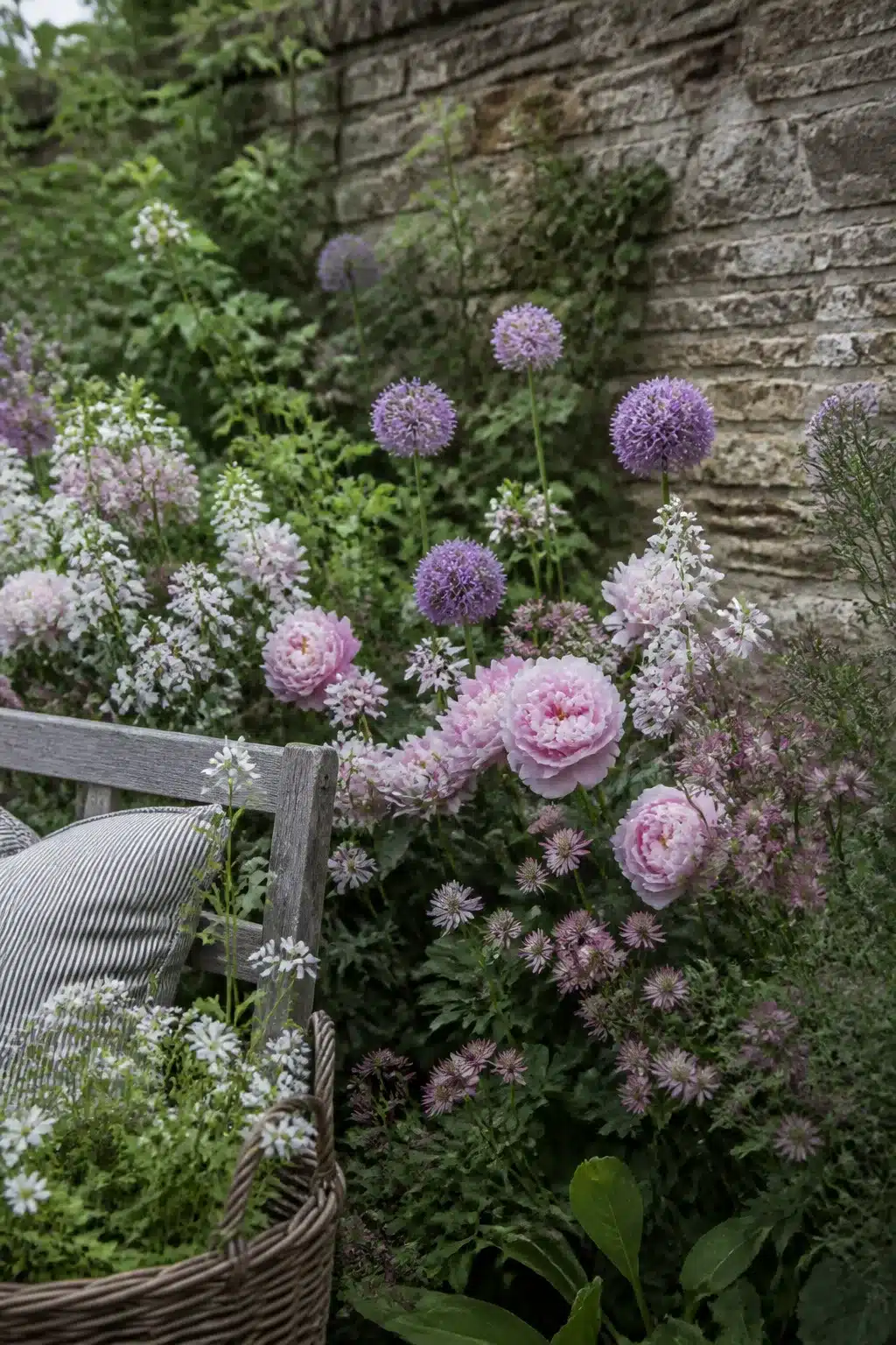 Pink roses, purple alliums and white perennials in a small cottage garden border against a stone wall.