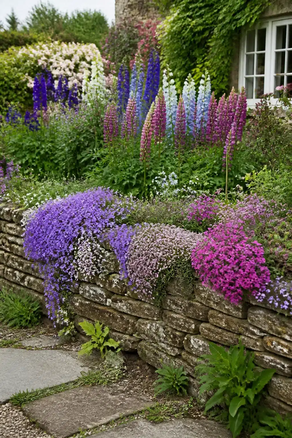 Aubretia cascading over a dry stone wall with lupins and delphiniums in a small cottage garden.