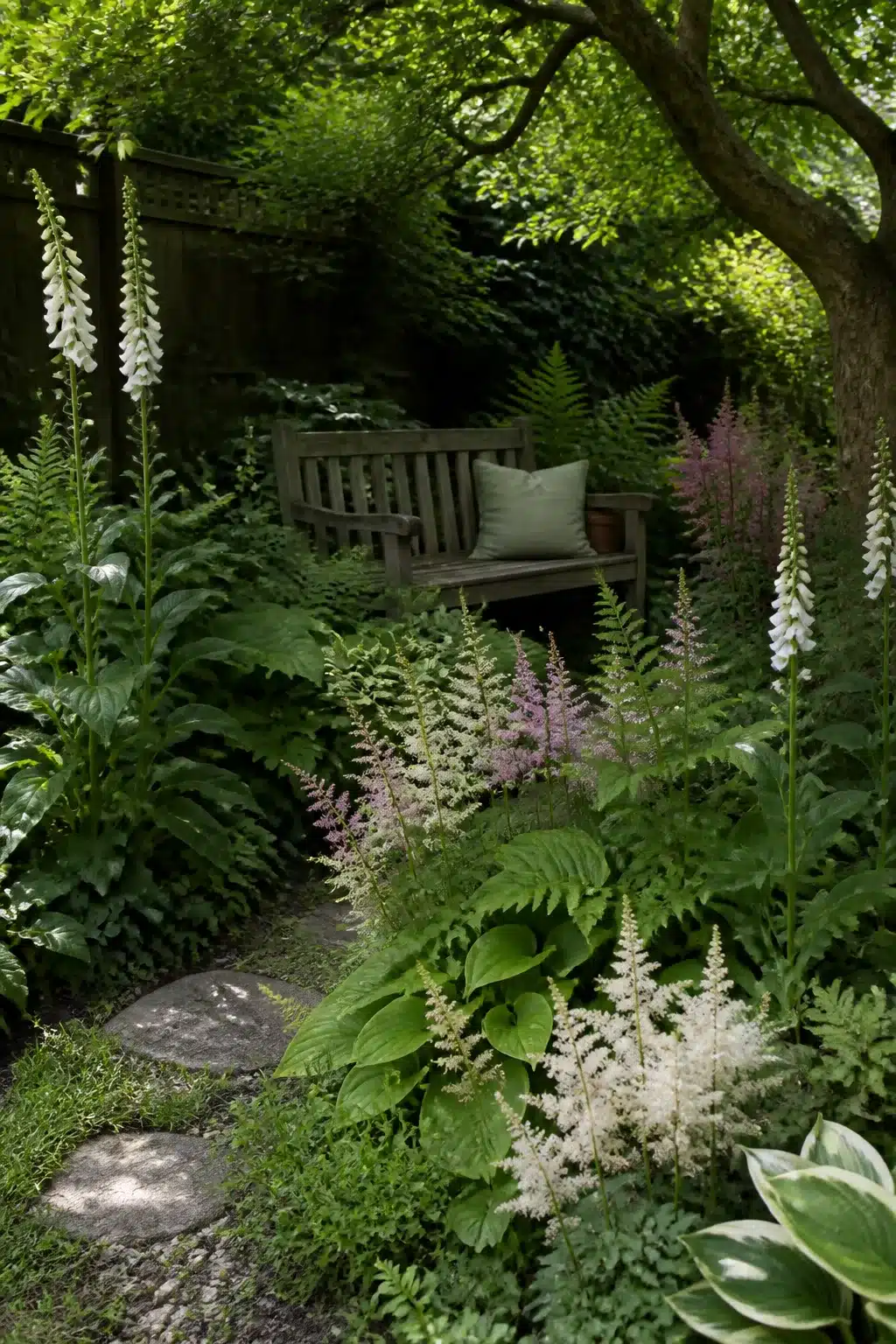 Shaded small cottage garden corner with foxgloves, astilbe, ferns, hostas, and a wooden bench under tree canopy.