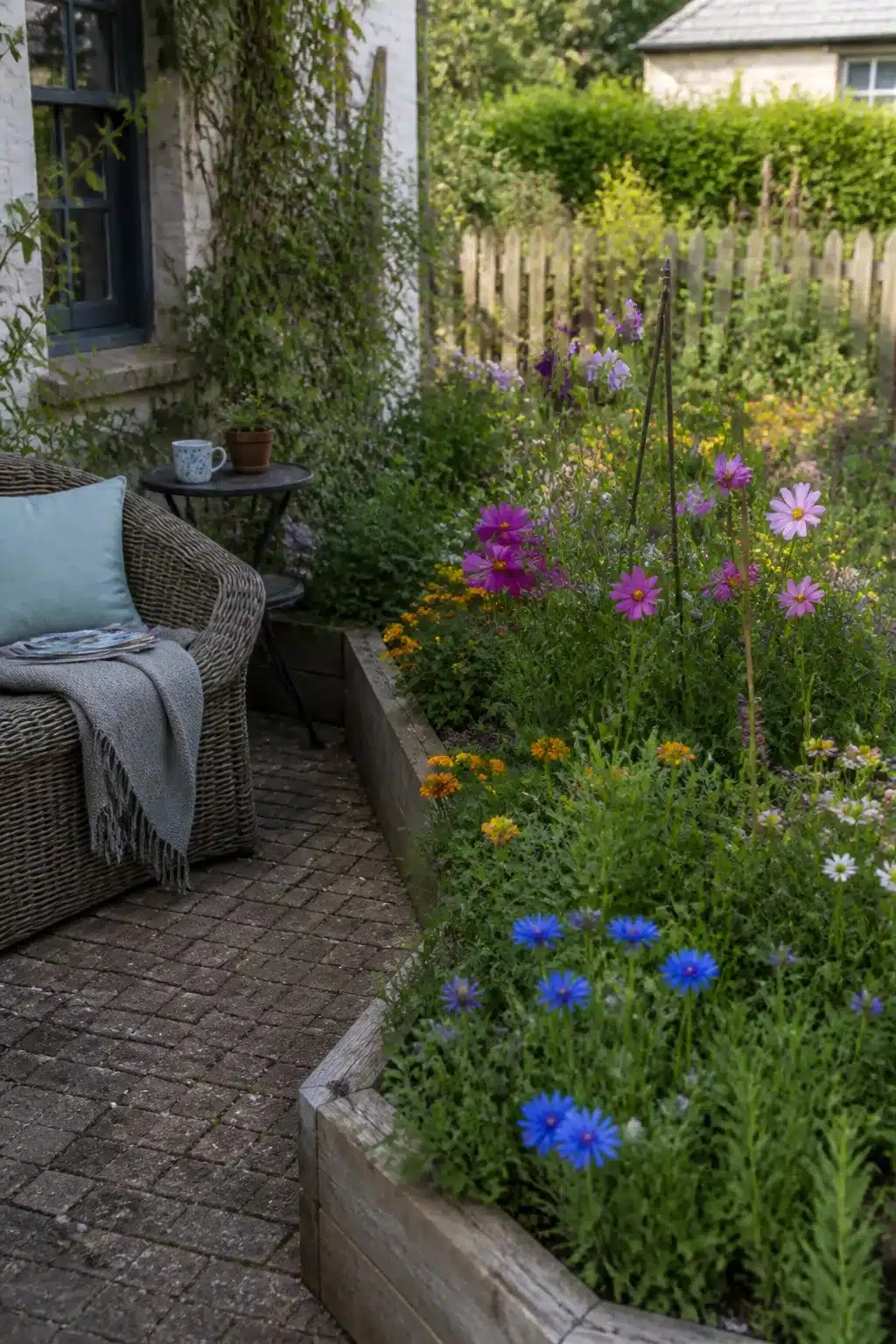 Small cottage garden with raised timber beds packed with cosmos, cornflowers, and rudbeckia beside a brick patio.