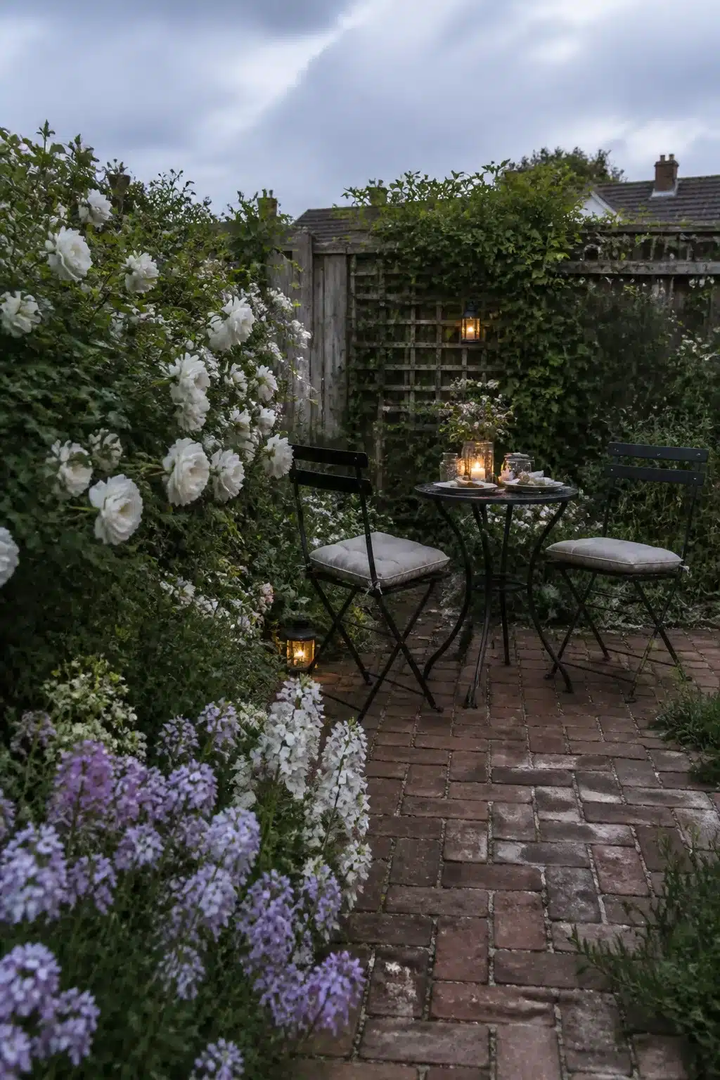 Candlelit bistro set surrounded by white climbing roses and informal cottage planting in a small cottage garden at dusk.