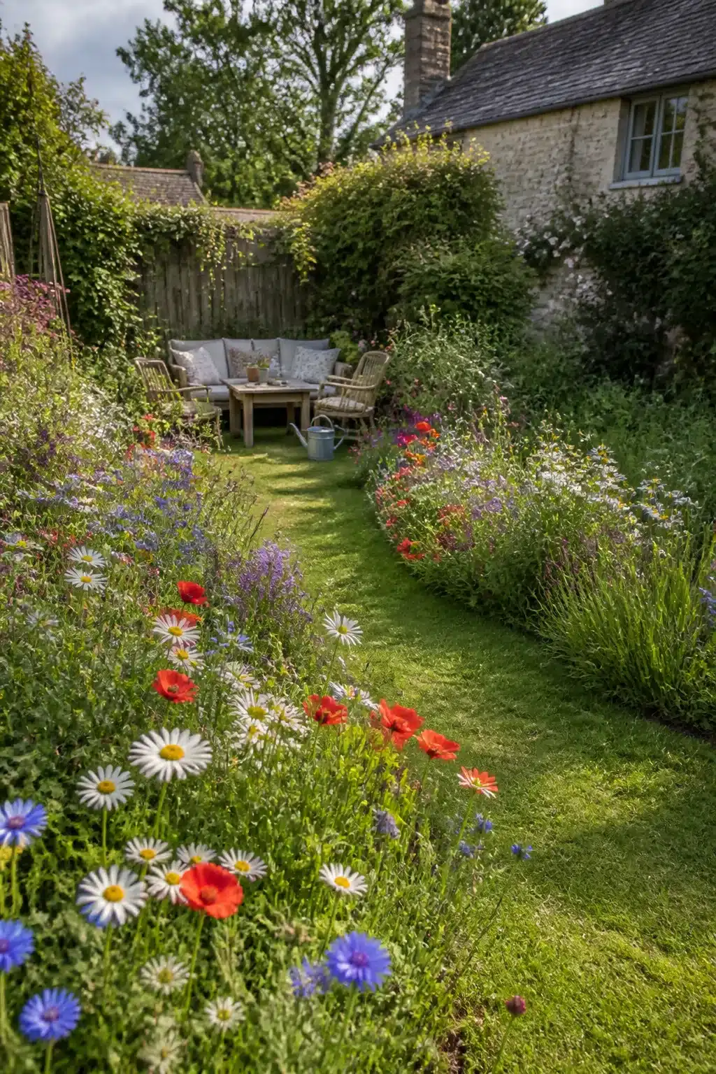 Small cottage garden with red poppies, daisies and cornflowers lining a narrow grass path to a seating area.