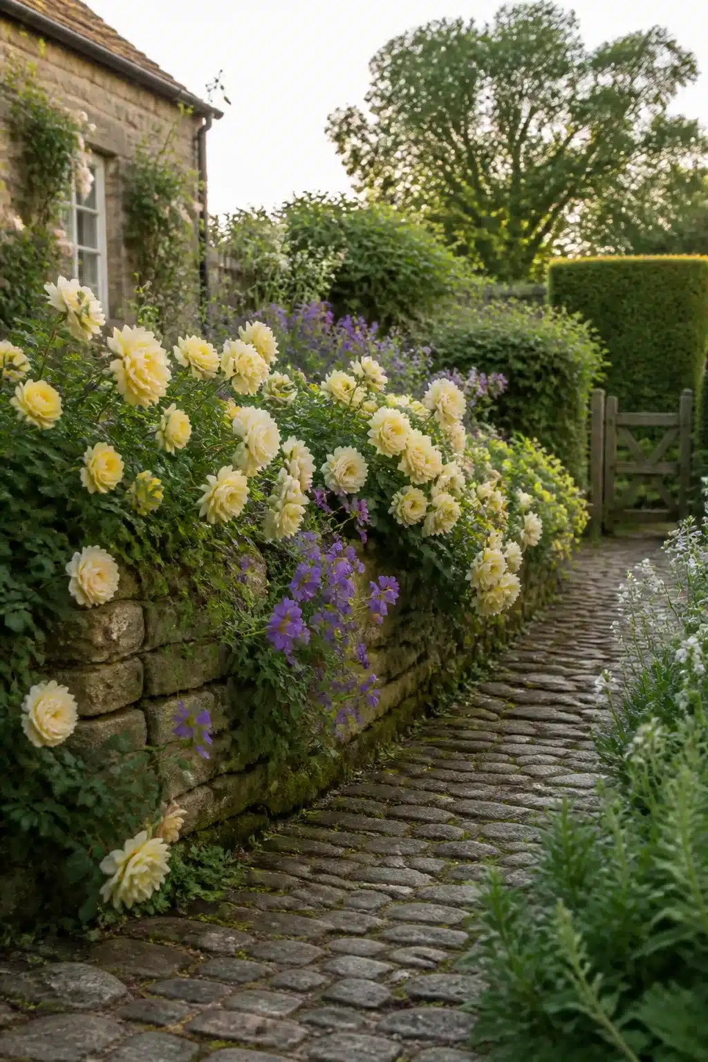 Pale yellow roses tumbling over a dry-stone wall with catmint along a cobblestone path in a small English garden.