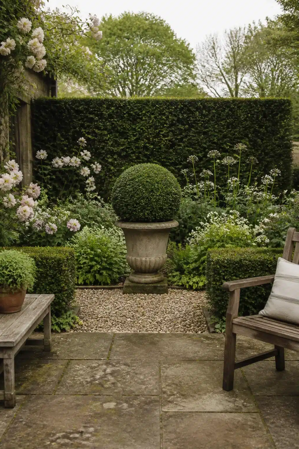 Small English garden with a clipped box ball in a stone urn, gravel forecourt, and white cottage planting behind low hedges.