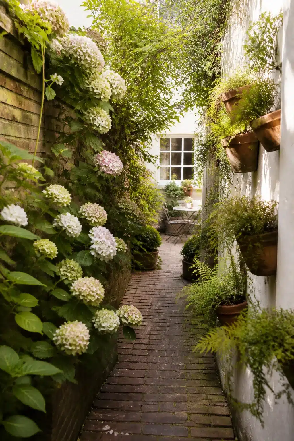 Narrow side passage small English garden with hydrangeas, ferns in wall pots and herringbone brick path