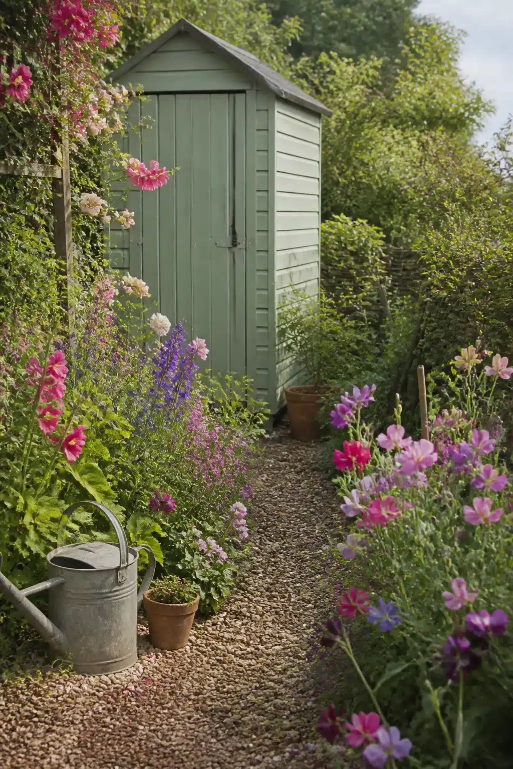 Sage green painted shed at the end of a gravel path in a small English cottage garden with pink hollyhocks.