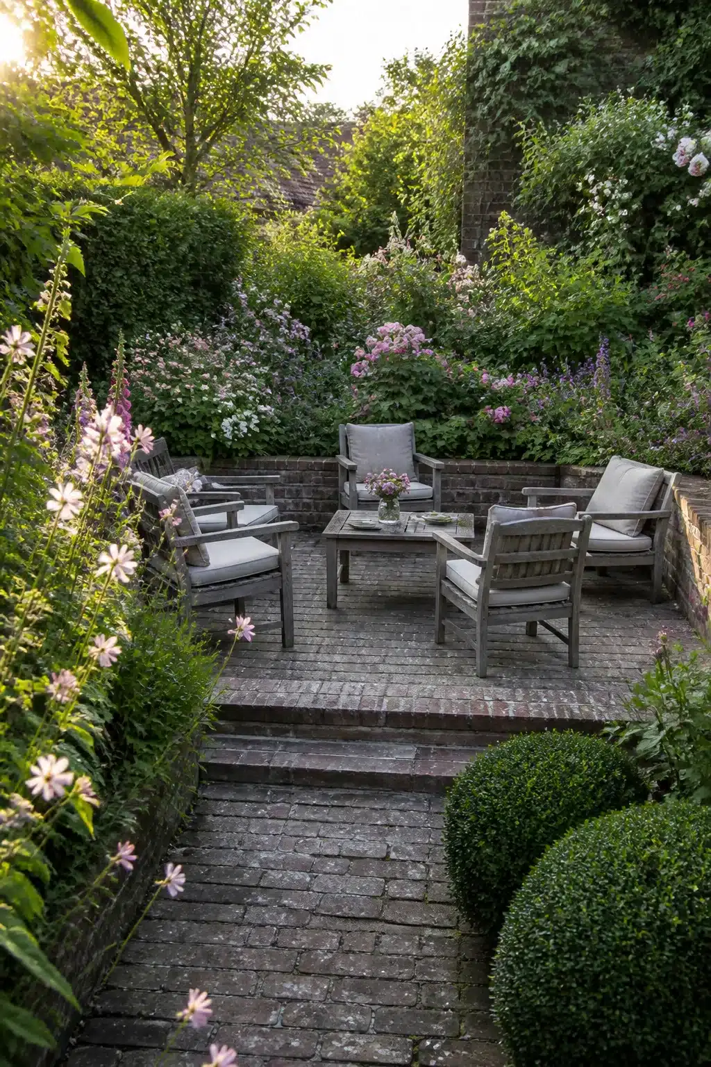 Sunken brick patio with clipped box spheres and cottage planting in a small English garden