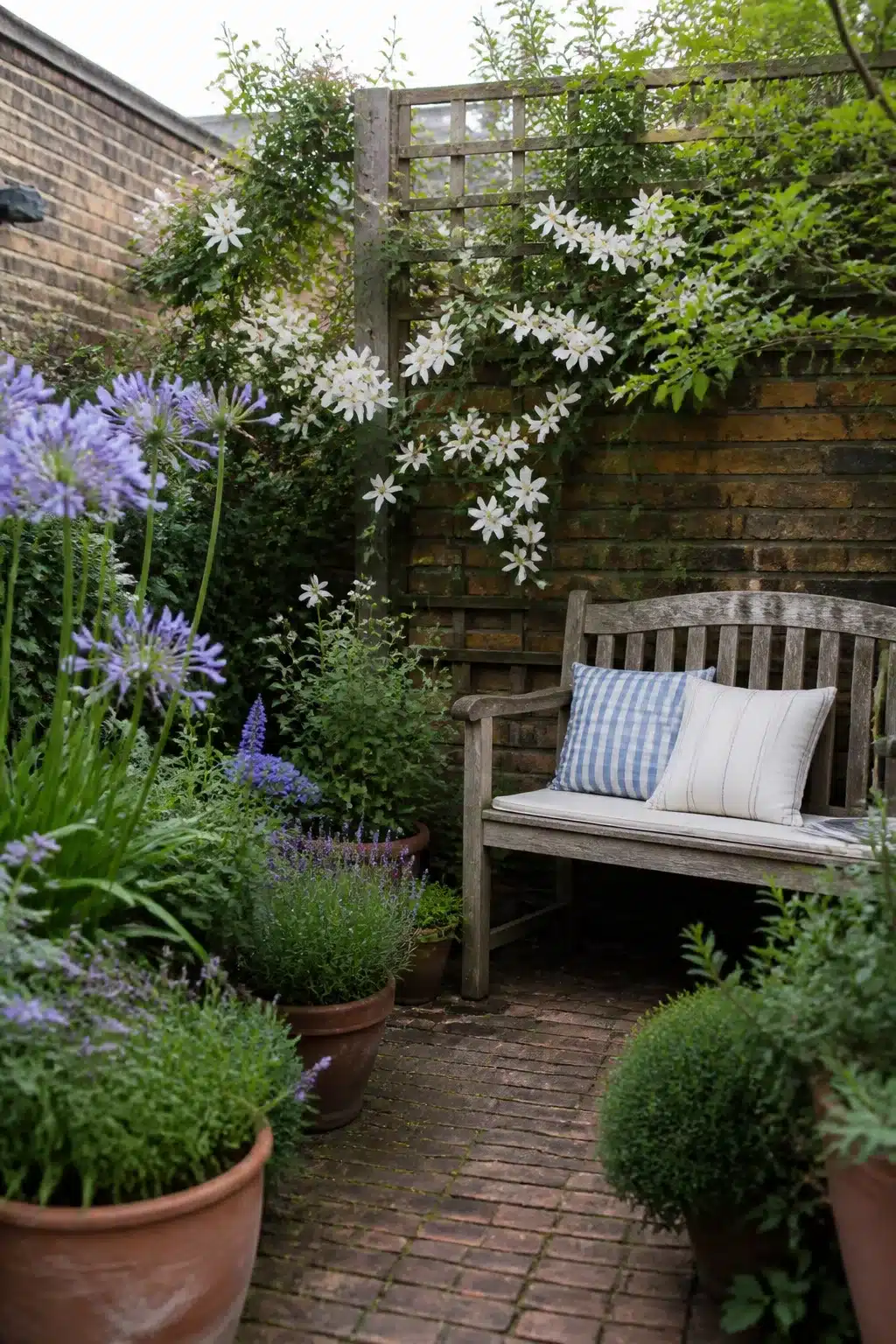 Small English garden with clematis trellis, agapanthus pots, and teak bench on brick paving in a Victorian terrace backyard.