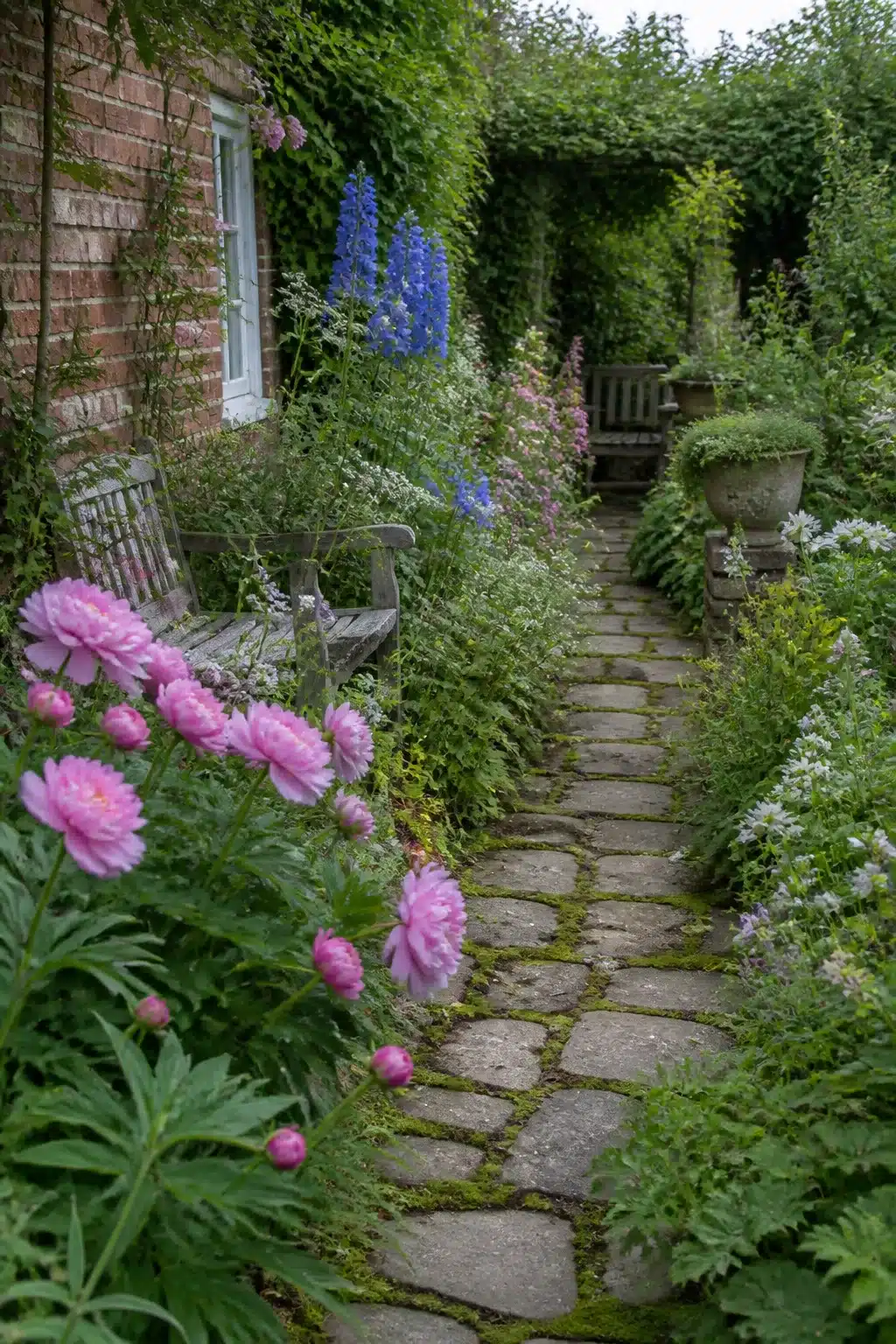 Moss-covered flagstone path edged with pink peonies and stone urns in a small English cottage garden.