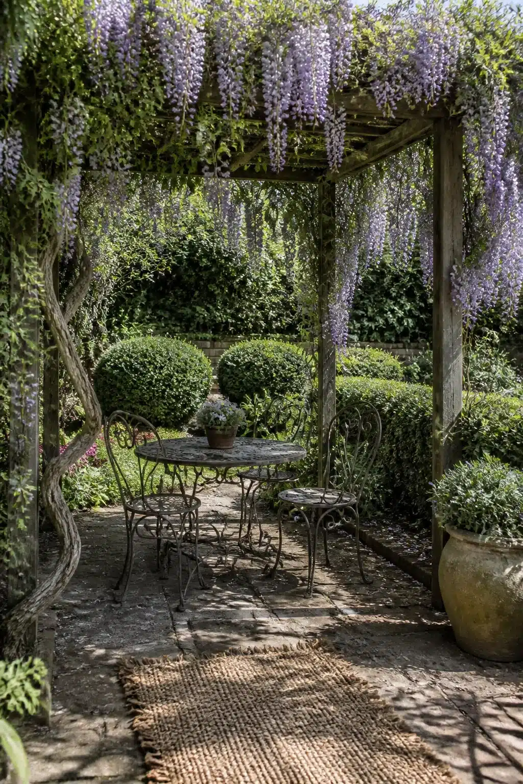 Wisteria-draped timber pergola with iron bistro set in a small English garden with clipped box hedging