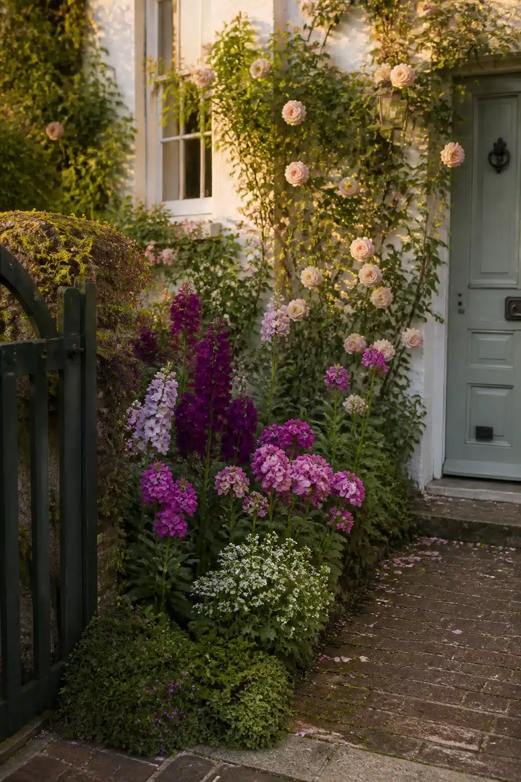 Purple delphiniums and climbing roses in a small English cottage garden front border with sage green door
