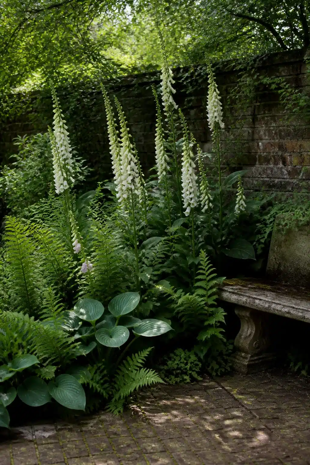 White foxgloves, hostas and ferns beside a stone bench in a shady small English garden corner.