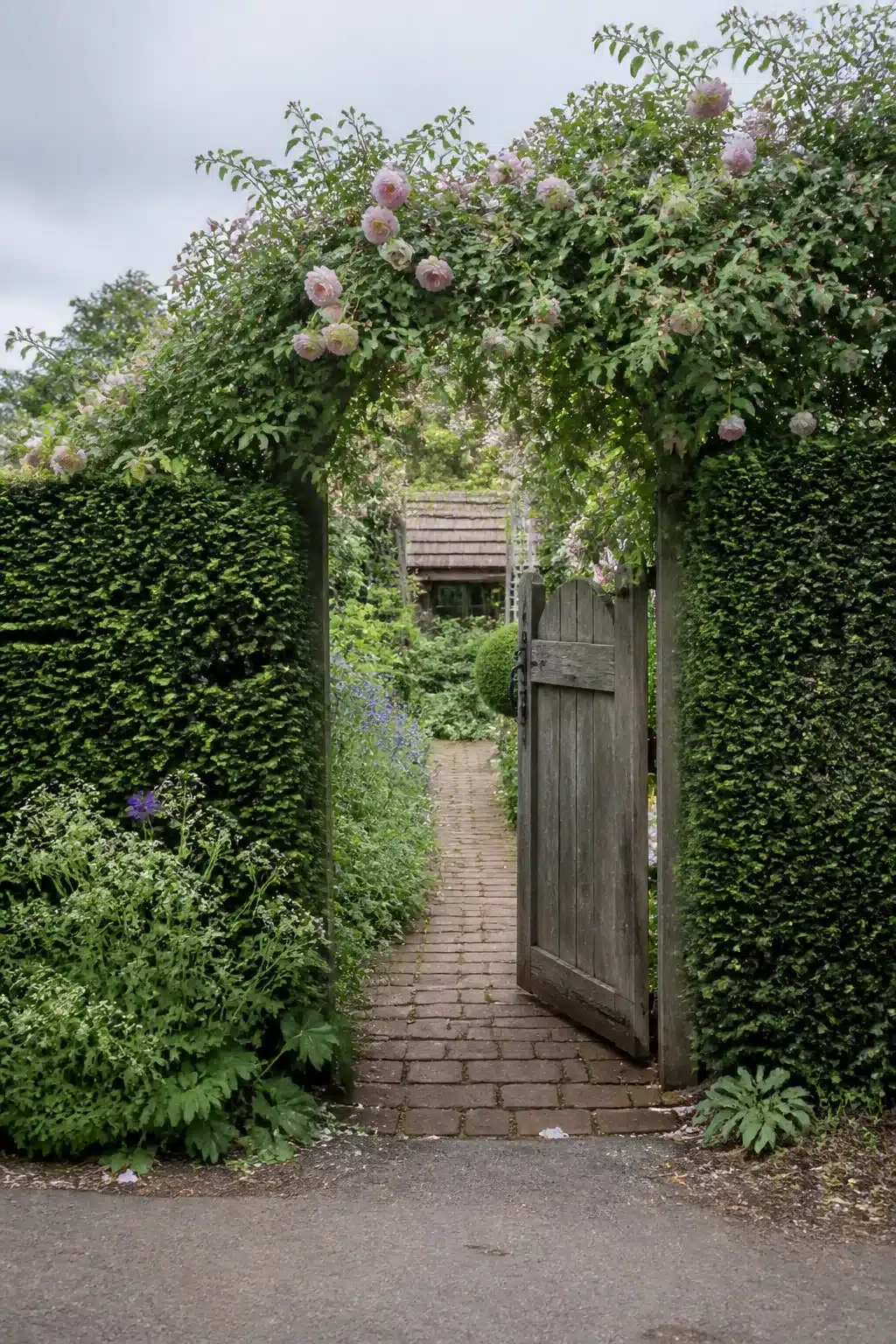 Weathered wooden garden gate in a yew hedge arch with climbing roses and brick path — small English garden idea.