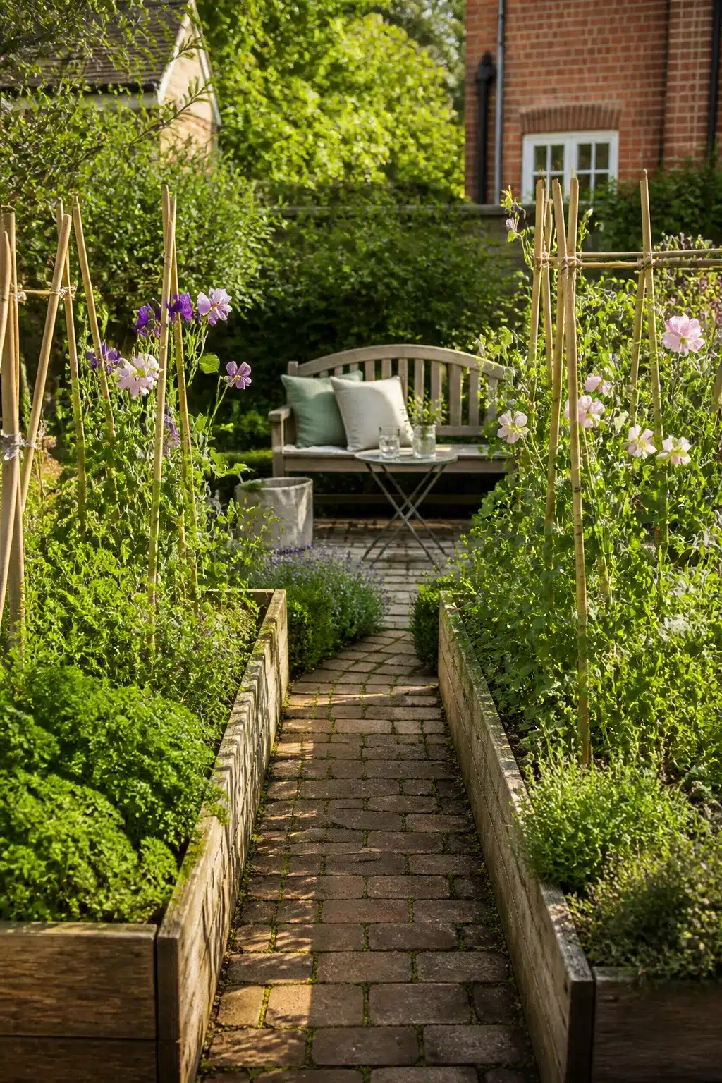 Timber raised herb beds and brick path leading to a wooden bench in a small English garden