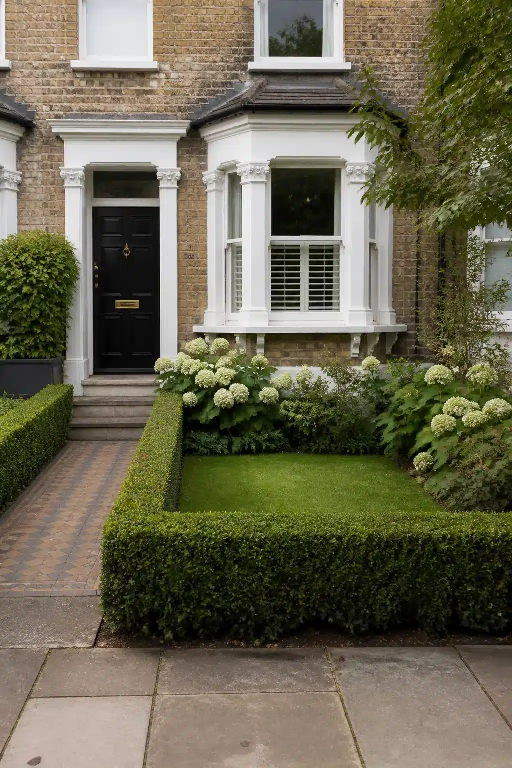 Small front garden with clipped box hedge border, white hydrangeas, and a black front door on a brick townhouse.