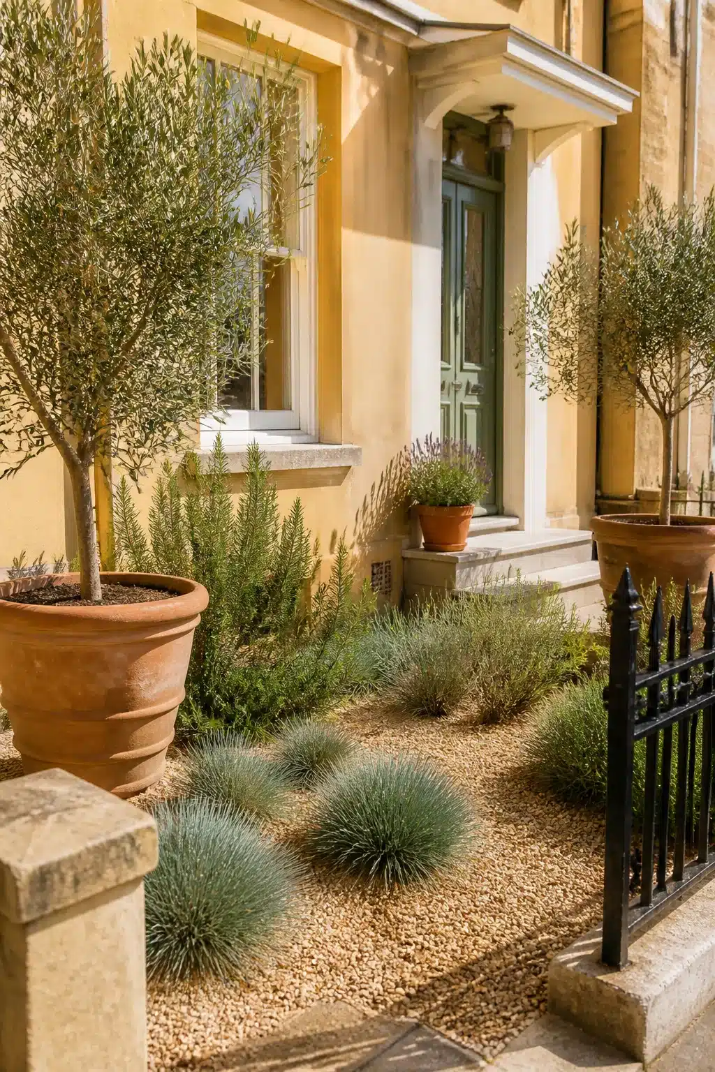 Small front garden with olive trees in terracotta pots, pea gravel, blue fescue and rosemary beside a yellow stone facade