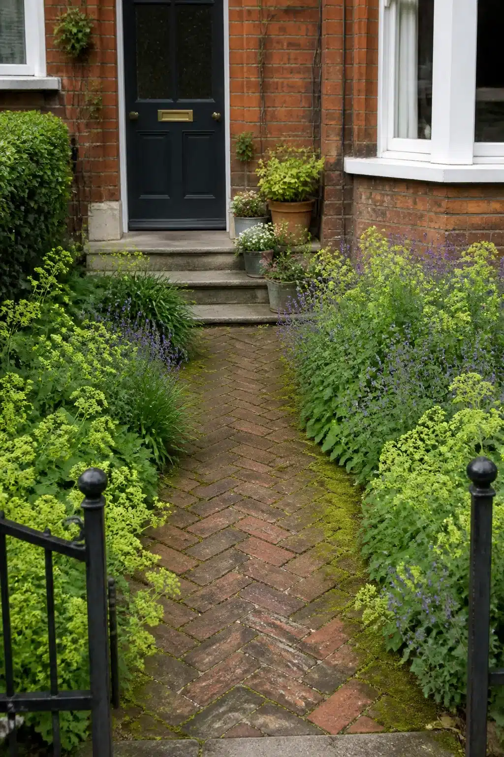 Herringbone brick path with moss edges and cottage planting in a small front garden with dark front door