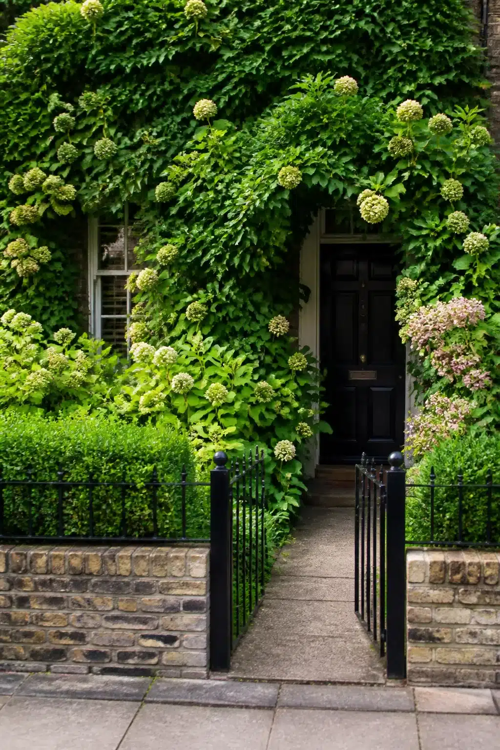 Small front garden with climbing hydrangea covering house facade, black door, and iron railings