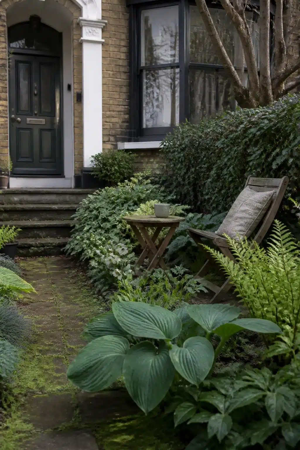 Small front garden with ferns, hostas and moss-covered stone path leading to a dark door — small front gardens shade planting idea
