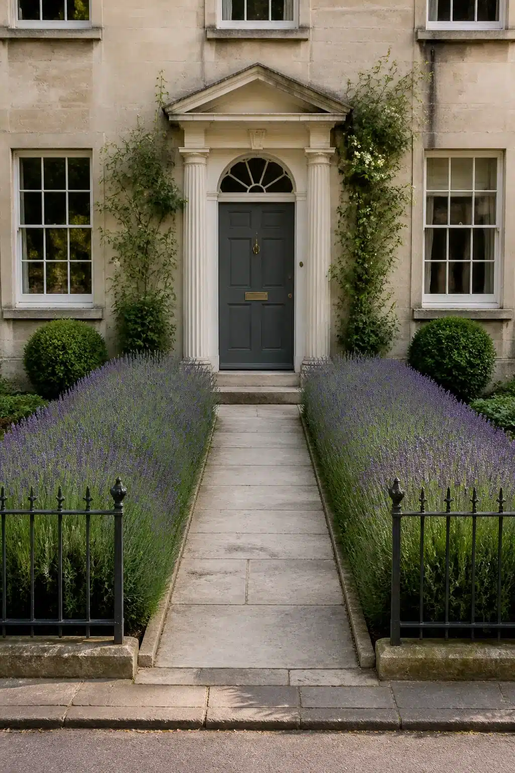 Small front garden with lavender rows, clipped topiary balls, stone facade and dark charcoal Georgian entrance door