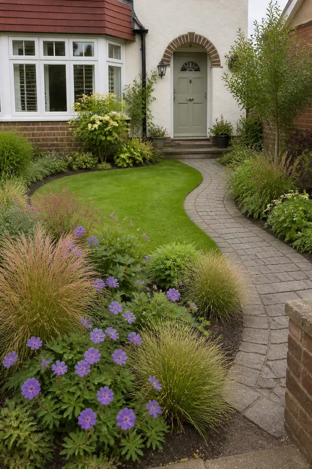 Small front garden with curved lawn, ornamental grass borders, and sage green front door on a suburban house.