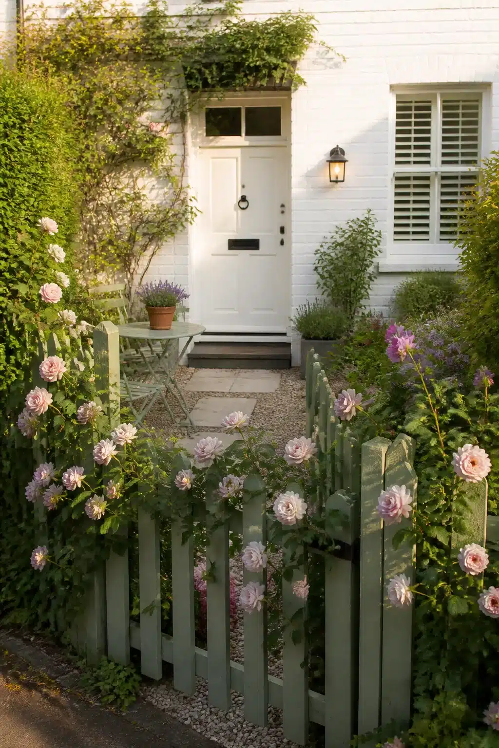 Sage green picket gate with climbing blush roses in a small front garden with white painted brick house entrance.