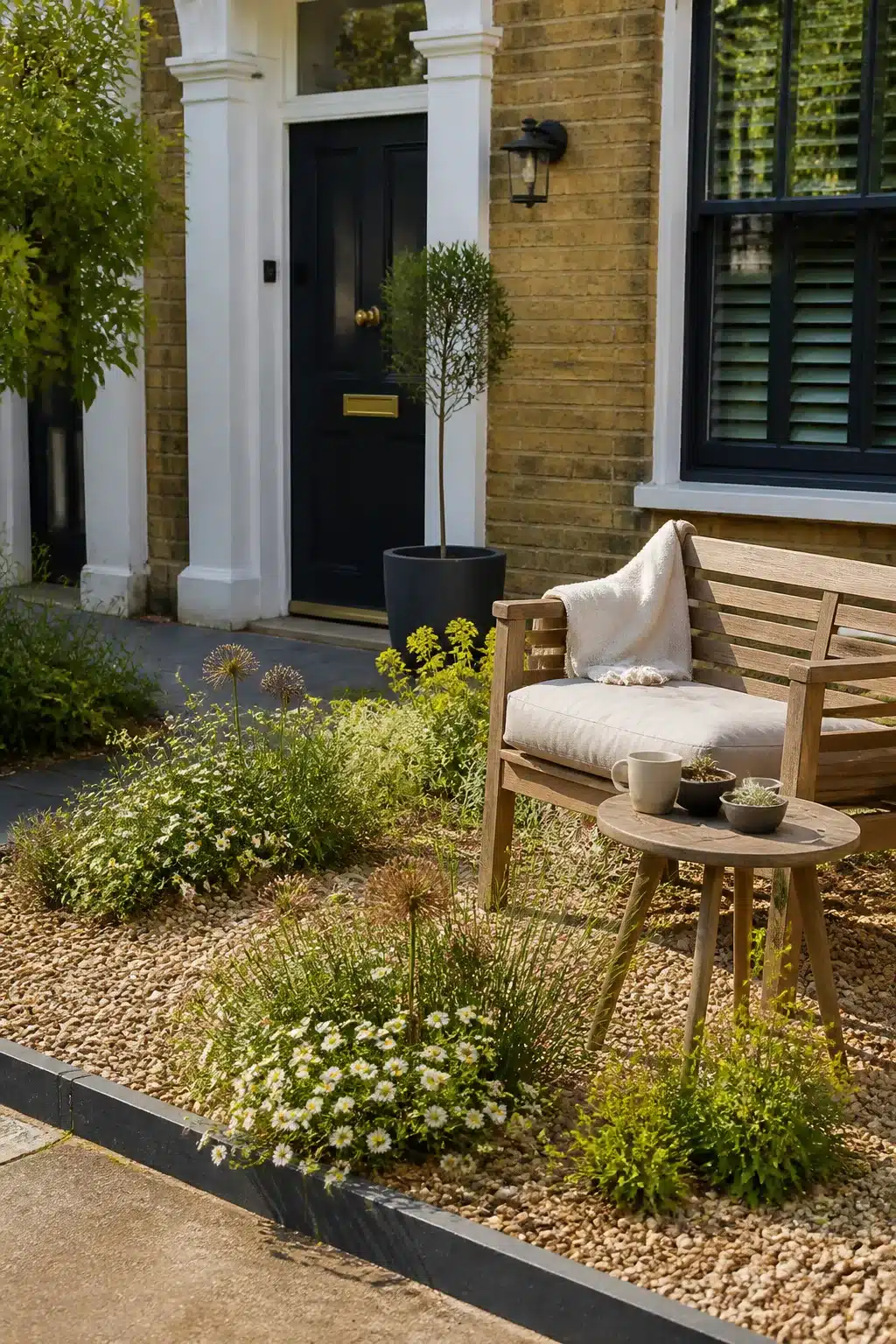 Small front garden with teak bench, pea gravel, white daisies, and a black front door on a yellow brick house.
