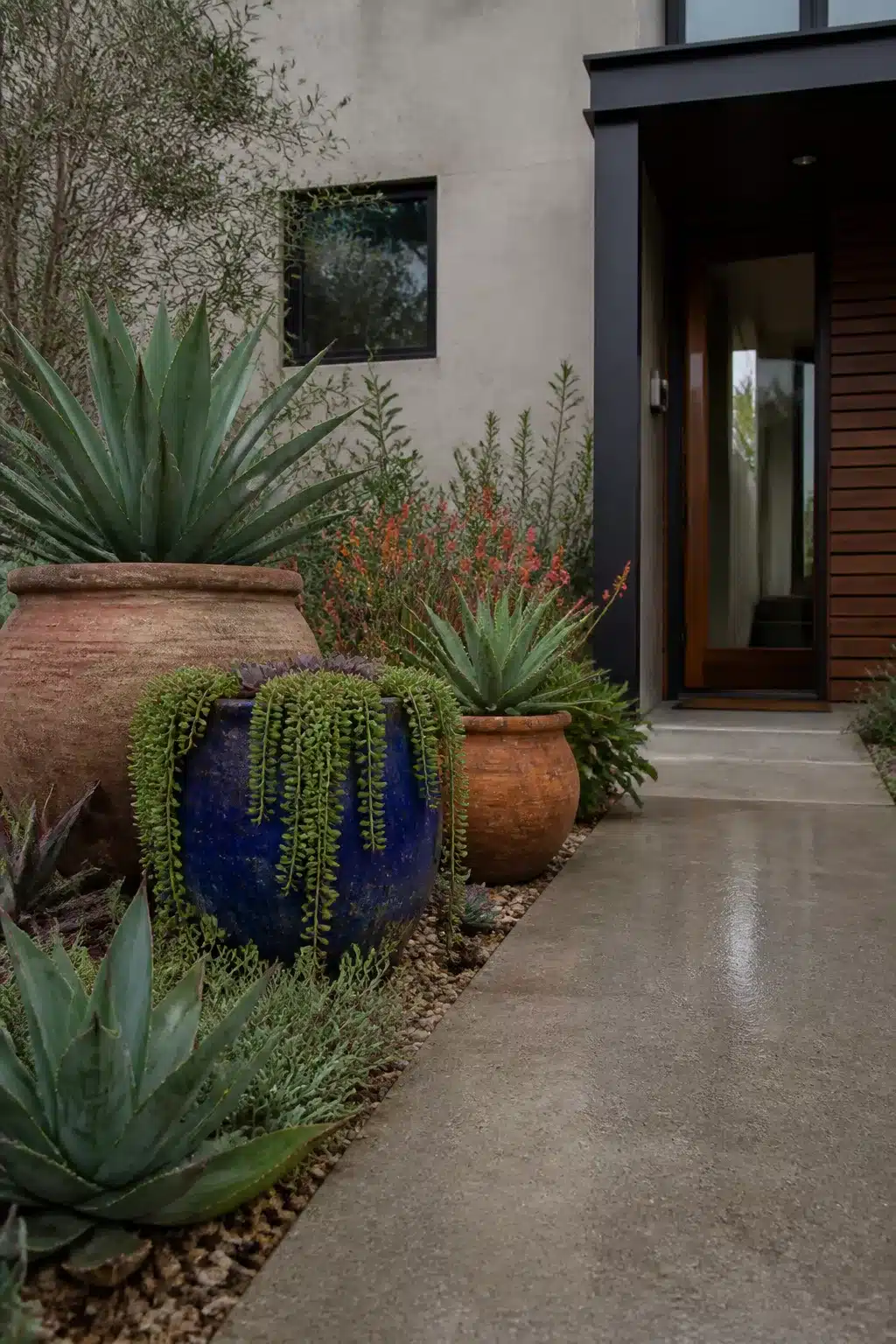 Cobalt blue and terracotta ceramic pots with succulents in a small front garden beside a modern house entrance.